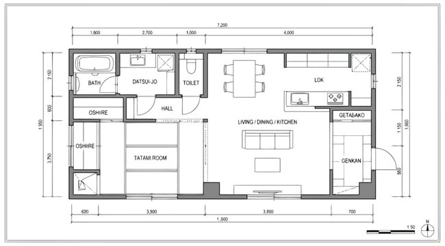 Comprehensive architectural floor plan of a modern apartment unit including living room, kitchen, and bathroom