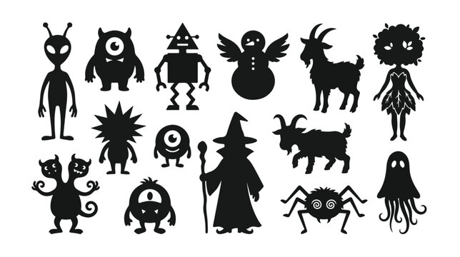 Halloween monster character silhouette vector set, spooky alien creature and fantasy beast collection, black graphic icons for horror designs, party invitations, and children's books