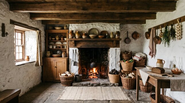 Cozy rustic cottage interior with stone fireplace and wooden beams