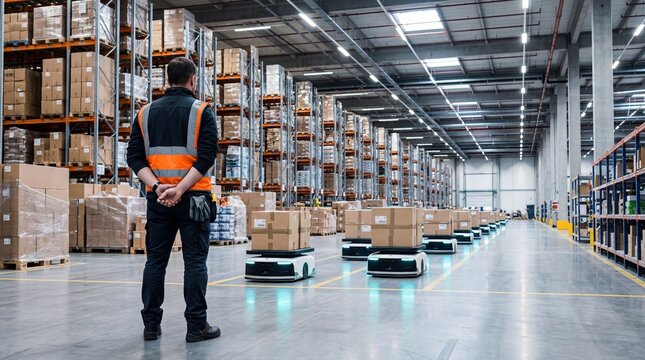 A warehouse scene with a male worker observing automated robots transporting boxes. The environment is organized with shelves filled with goods.