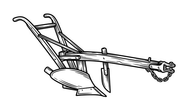 Black and White Vintage Agricultural Farm Tool Old Wooden Plow Line Art Vector