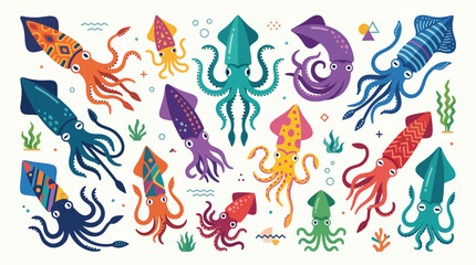Fototapeta premium Colorful 2D Flat Squid Design Vector Collection with 15 Cartoon Sea Creatures in Tribal Pattern, Dots, Stripes for Ocean Theme Stickers, Fabric Prints, and Kids Marine Decor