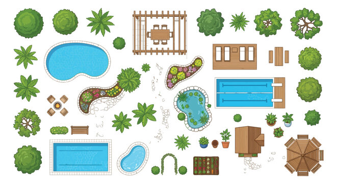 Landscape architecture plan with swimming pools trees and outdoor furniture a vector illustration aerial
