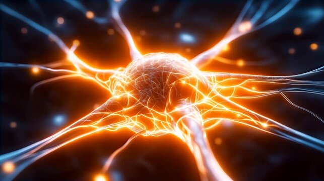 Glowing neuron network transmitting electrical signals through synapses in closeup scientific visualization of brain activity and neural communication