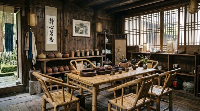 Traditional Wooden Tea Room Interior with Bamboo Furniture and Asian Decor