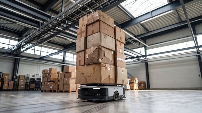 A robotic pallet truck transports a tall stack of cardboard boxes in a spacious warehouse with high ceilings and large windows.
