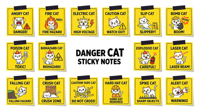Danger Cat Sticky Notes Collection: Humorous Warning Signs with Cute Feline Illustrations