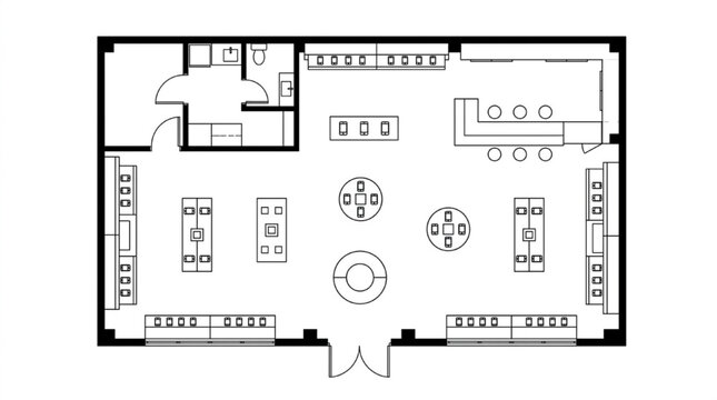 Electronics retail store floor plan CAD drawing with display tables wall shelving bar counter and restroom
