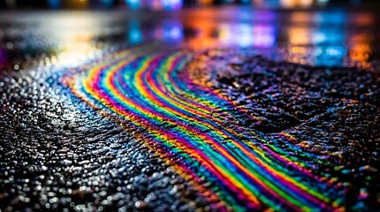 Naklejka premium Iridescent oil spill on wet asphalt, rainbow gasoline puddle on dark street, colorful chemical fluid leak on rainy road