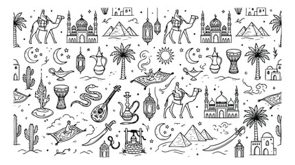 Middle Eastern doodle art, hand-drawn Arabian culture vector illustration, desert landscape and traditional symbols, black and white outline graphic resource for travel and history themes © Abida