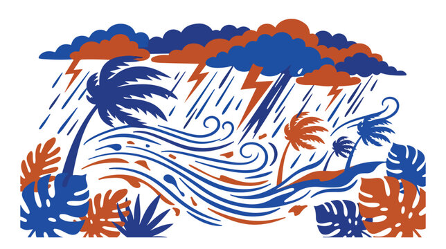 Tropical storm vector illustration, powerful hurricane weather, strong winds and heavy rain, natural disaster climate event, blue and orange flat graphic design element