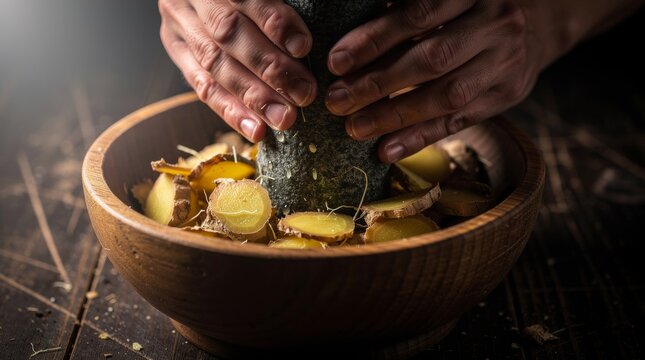Hands grinding fresh ginger root in wooden mortar and pestle