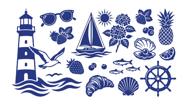Nautical summer vector icon set, blue and white maritime collection, ocean-themed graphic elements, beach vacation clip art for travel and leisure designs