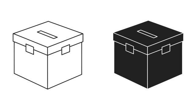 Ballot Box Icon Set: A minimalist depiction of a ballot box, presented in both outline and solid silhouette styles, representing voting and democratic processes.