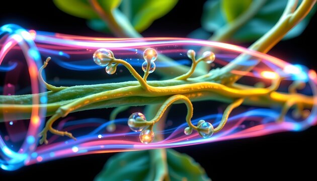 The image features a close up view of vibrant, twisting plant like structures with smooth, shiny spherical nodes along their length