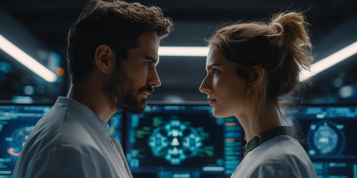 Intense discussion between two medical professionals in a high tech laboratory focused on ai ethics and future healthcare debates
