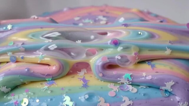 Close-Up of Hands Squishing Pastel Rainbow Slime with Unicorn Confetti and Glitter ASMR