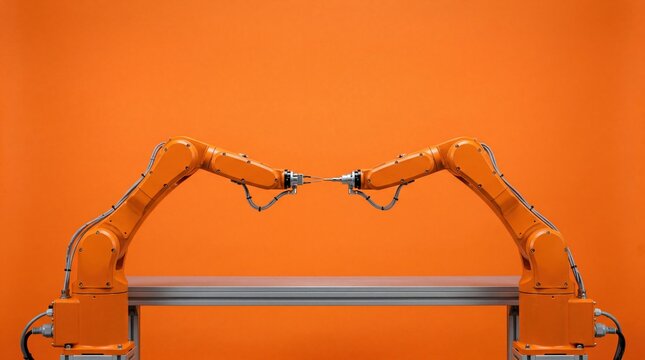 Two orange robotic arms positioned towards each other against a bright orange background. The scene represents automation and technology in modern industry.
