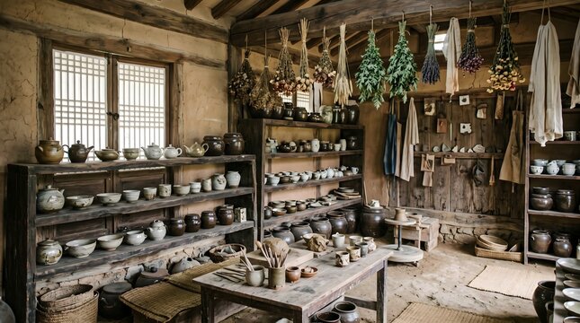Traditional Korean pottery workshop with ceramic vessels and rustic tools
