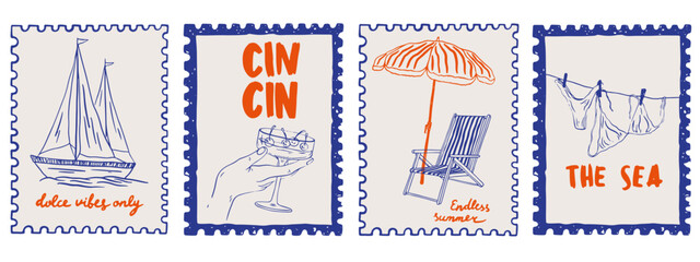 Hand drawn Italian post stamps set. Summer coastal vacation postcard with cocktail, bikini, seaboat. Amalfi Sicily beach holidays La Dolce vita elements for poster, summer placard or postcard