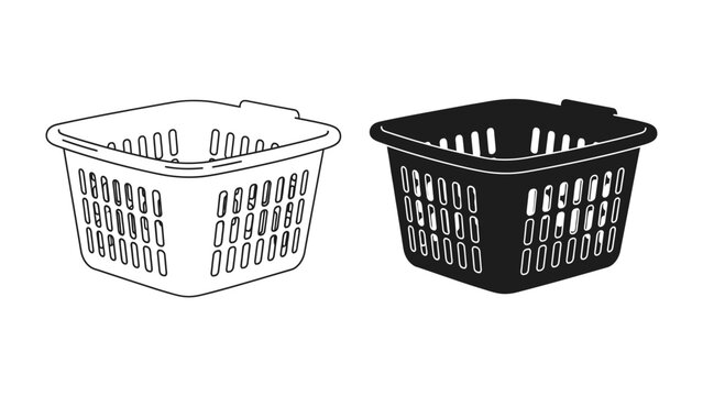 Laundry Basket Duo: Two plastic laundry baskets, one a white outline and the other a solid black silhouette, showcase functional design for household chores.