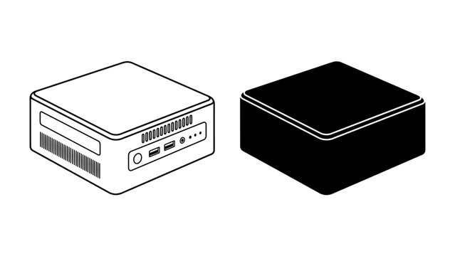 Mini Computer Icons: A minimalist graphic representation of two mini computer units, one in outline and the other in solid black, showcasing a sleek, compact design.