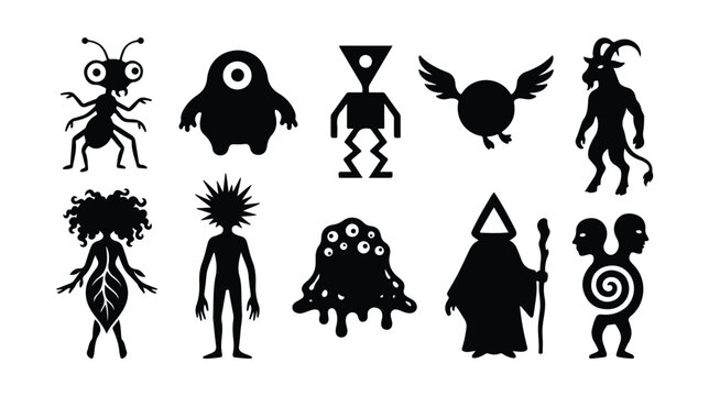 Abstract monster silhouettes vector collection, whimsical creature designs, fantasy character set, spooky Halloween graphic resources, mythical beast icons for games and animation.