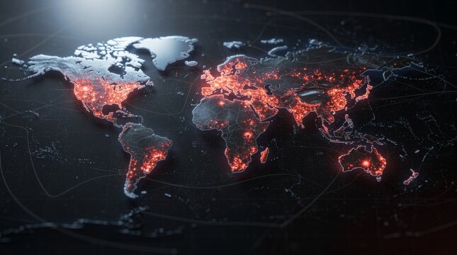 Glowing World Map Displaying Global Connections and Hotspots