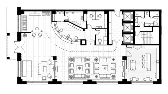 Luxury penthouse floor plan with reception desk and curved lounge layout
