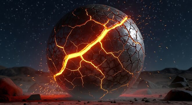 Molten lava flowing from active volcano crater at night.