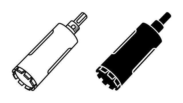 Diamond core drill bit and its silhouette: Two stylized depictions of a diamond core drill bit, one in outline and the other as a solid silhouette.