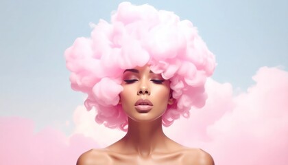 Naklejka premium A woman with closed eyes, her head framed by fluffy pink clouds against a soft sky