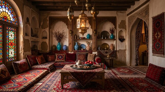 Traditional Persian Room Interior with Red Carpets and Ornate Lanterns