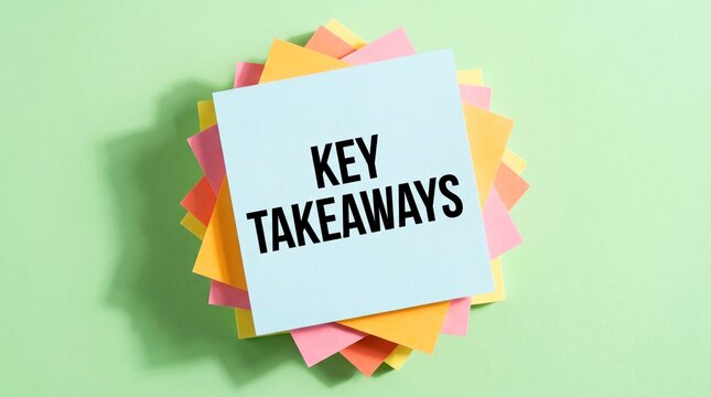 Brightly colored square sticky notes stacked neatly with bold text displaying important key takeaways message