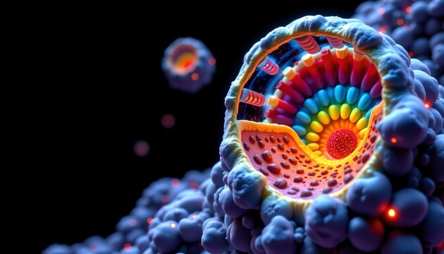 The image depicts a highly detailed, colorful microscopic structure set against a dark background