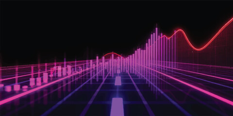 Naklejka premium Title: Purple Neon Trading Chart with Digital Skyline, Financial Analytics Dashboard, Stock Market Data Visualization Background