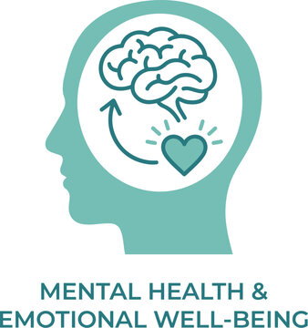 Mental health and emotional well being concept icon with brain and heart connection inside human head silhouette