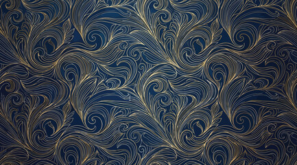 Seamless luxury pattern with golden floral swirls on a dark blue background © S.Siam