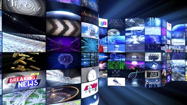 Streaming Media Wall Content Playing Video Content with Light Rays - 3d 4k animation (3840 x 2160 px)