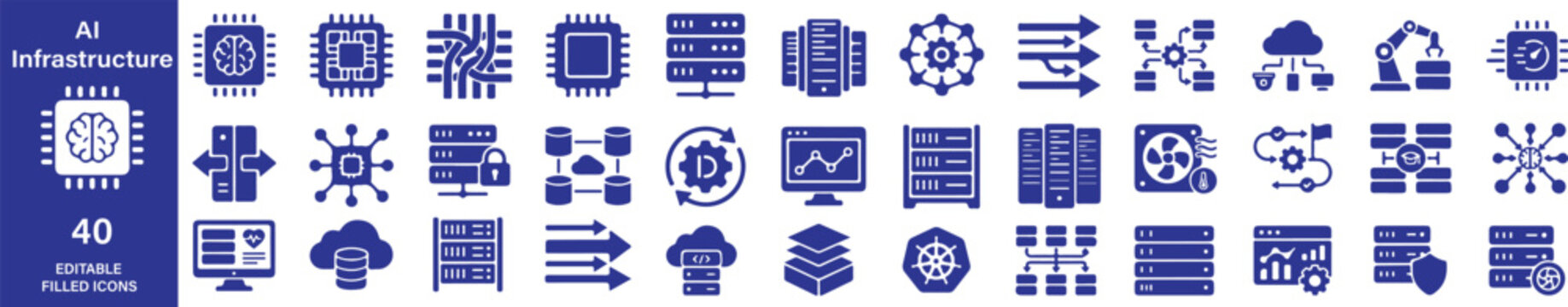 AI Infrastructure Filled Icon Set Artificial Intelligence, Cloud Computing, Data Center and Server Glyph Vector Icons