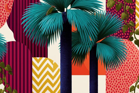 Vertical tropical botanical composition with tall palm trunks and fan leaves for boho wallpaper and poster design
