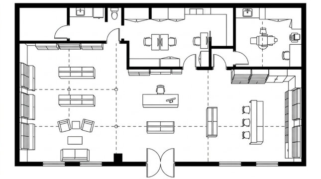 Showroom floor plan with display shelving and checkout counter layout
