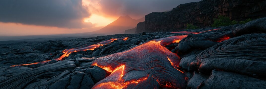 Molten lava river in volcanic coastal landscape background for dramatic wallpaper and poster design with glowing embers and basalt rock textures