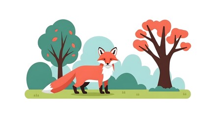 Fototapeta premium Red fox standing in a forest landscape foxy vector design