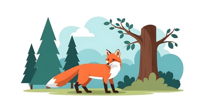 Red foxy vector standing in a lush forest landscape