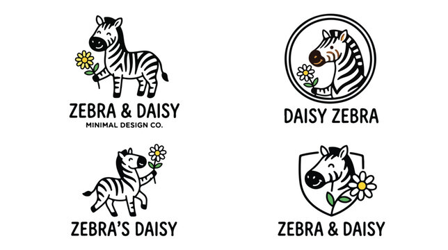 Collection of hand drawn zebra and daisy flower logo designs.