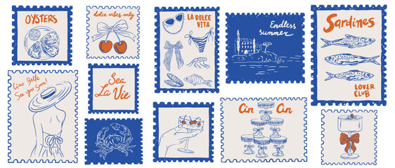 Plakat Hand drawn Italian style vacation post stamps. Mediterranean food, oyster, cocktail, cherry and seashell. Amalfi Sicily beach holidays La Dolce vita elements for poster, placard or postcard prints.
