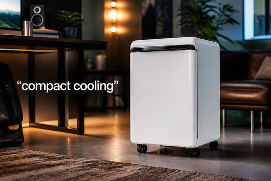 A small white compact refrigerator is displayed in a modern indoor setting.