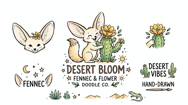Hand Drawn Fennec Fox and Desert Cactus Doodle Set.