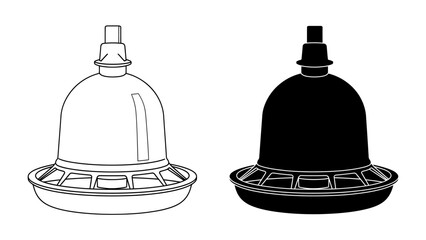 Chicken Feeder Icon Set: Two silhouette icons representing a chicken feeder, one in white outline and the other in solid black, symbolizing agricultural tools and livestock care. © Murshida
